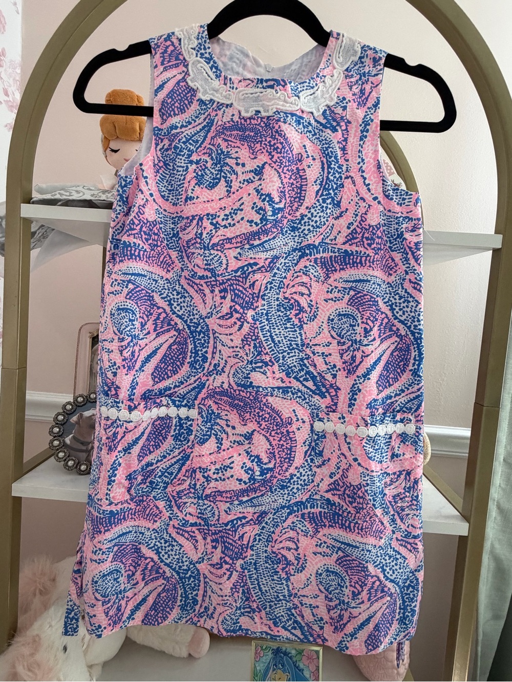Lilly Pulitzer Pink and Blue Swirl Shift Dress with Lace Neckline